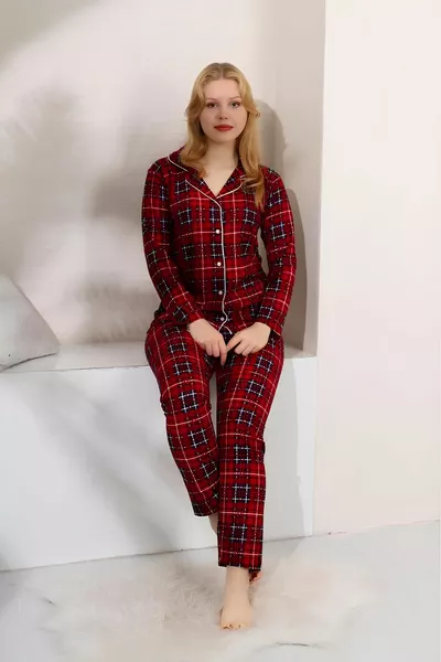 Suède fluweel lange mouw geruite knop aan de voorkant sjaal kraag geruite patroon rood shirt pyjama set