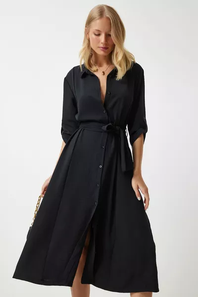 Robe chemise ceinturée noire femme 