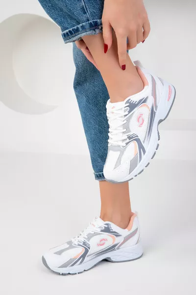 حذاء رياضي نسائي أبيض-رمادي-بودرة 