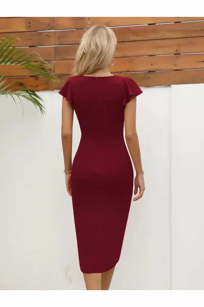 Nouvelle saison Femmes à manches courtes col coeur Midi importé crêpe tissu robe élégante