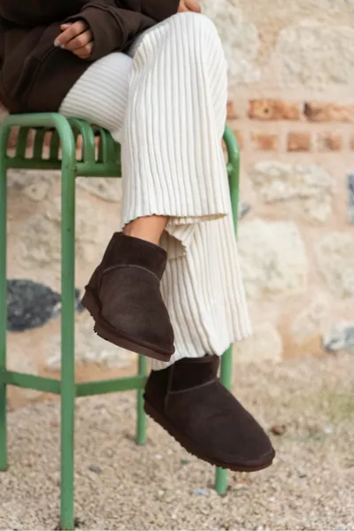 ميني المر البني جلد الغزال الأصلي شقة وحيد الفراء أحذية نسائية