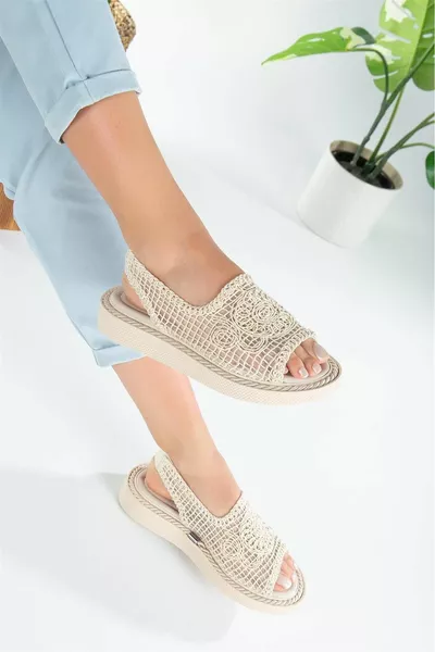 Beige Mink Lace Braided Women's Casual Sandals Comfortable Lightweight Sole