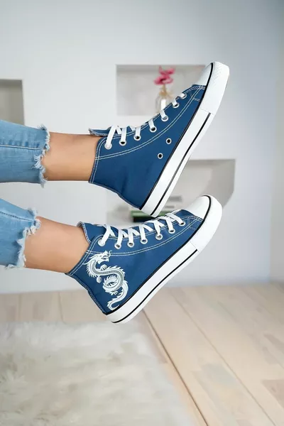 Kadın Mavi Bilekli Ejderha Baskılı Boğazlı Convers Model Keten Sneaker