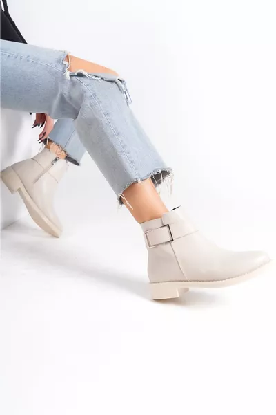 Women's Buckle Straight Short Boots Beige Skin