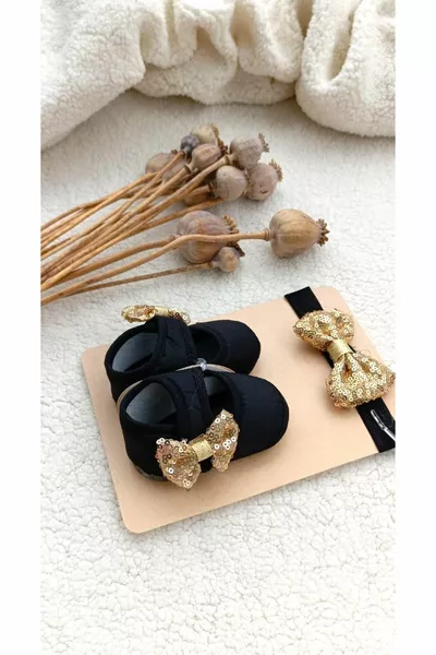 Baby Girl Dore Sequin Bow Booties and Bandana Set (compatible between 0-6 months)