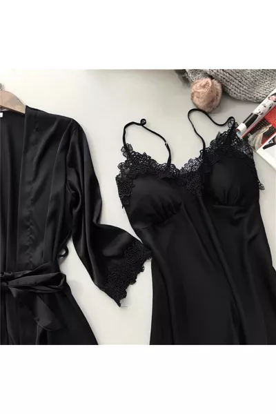 Damen 5-teiliges Satin-Nachtkleid mit Spitze, Braut-Mitgift-Set, Schwarz 