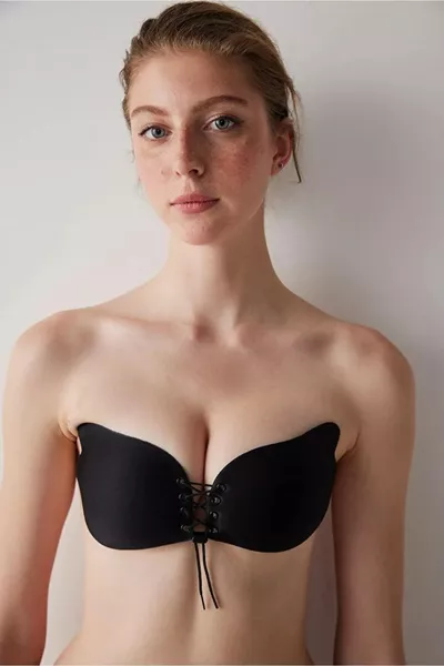 Reggiseno adesivo invisibile senza spalline nero per abito da sera o da sposa, solleva il seno