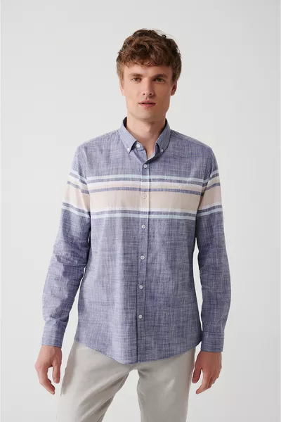 Мужская рубашка с узором, темно-синяя, % хлопок, лен 