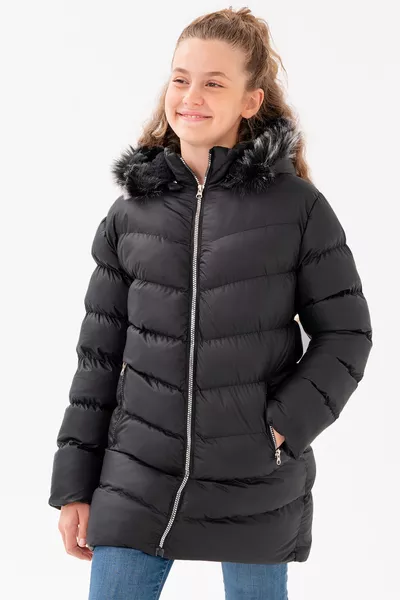 معطف للفتيات بلون أسود بفرو داخلي وصوفي مقاوم للماء بسماكة عالية وقابلية إزالة القبعة المزودة بغطاء للرأس