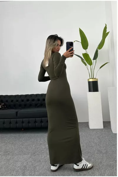 المرأة الكاكي كم طويل ماكسي طاقم الرقبة اللباس