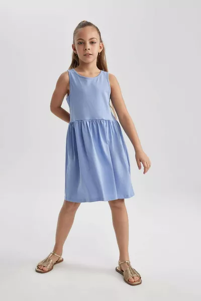 Girl's Bicycle Neck Basic Plain Sleeveless Summer Dress SM
