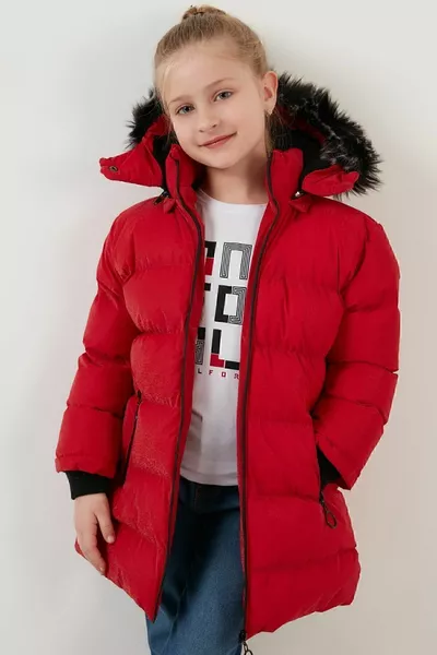 Girls' Winter Jacket with Slim Fit, Removable Hood, Plush Lining, and Faux Fur Collar, Size 5
