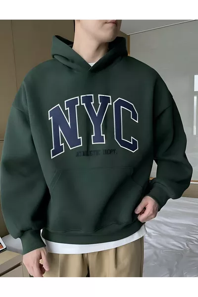 Yeşil NYC Baskılı Kapşolu Kanguru Cepli Sweatshırt Hodie