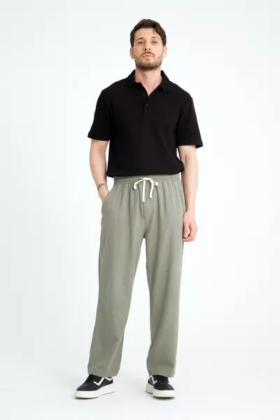 Luxe Herren Baggy Leinen-Mischung Bequeme Hose Weites Bein Neue Kollektion