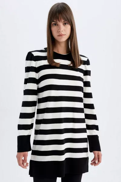 Regular Fit Crew Neck Striped Long Sleeve Knit Sweater Tunic AU