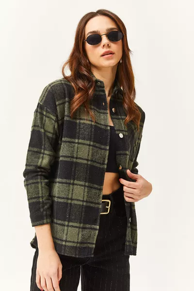 Women's Khaki Black Thick Plaid Lumberjack Shirt with Single Pocket 