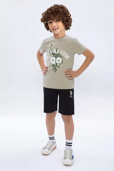U.S. Polo Assn Light Khaki and Black Boys' Crew Neck Bermuda Set