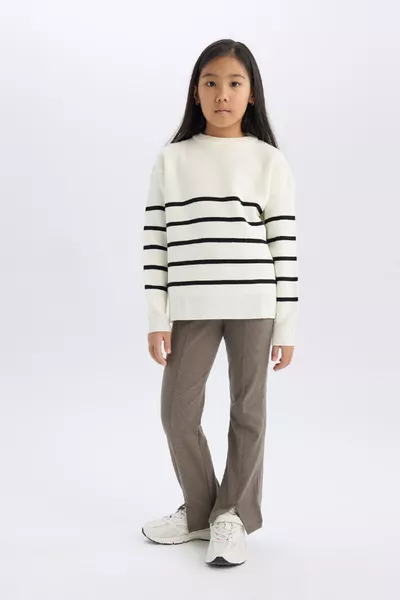 Girl's Cream Striped Crew Neck Knit School Sweater au