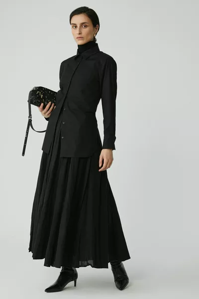 قميص نسائي من موديست أميراب بأكمام بوبلين مربوطة، أسود، مقاس كبير، من قطن عضوي %، تصميم واسع