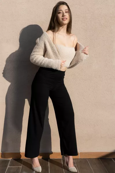 Women's Black Ribbed Viscose Knit Wide Leg Pants