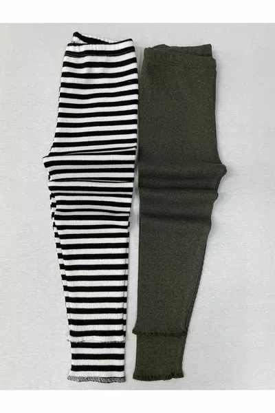 Elastische Gerippte Gestreifte - Khaki 2er-Set Mädchen- und Jungen-Winterleggings