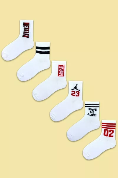 Kadın Erkek Uzun Soket Spor Desenli Beyaz Çorap Seti 6 Adet