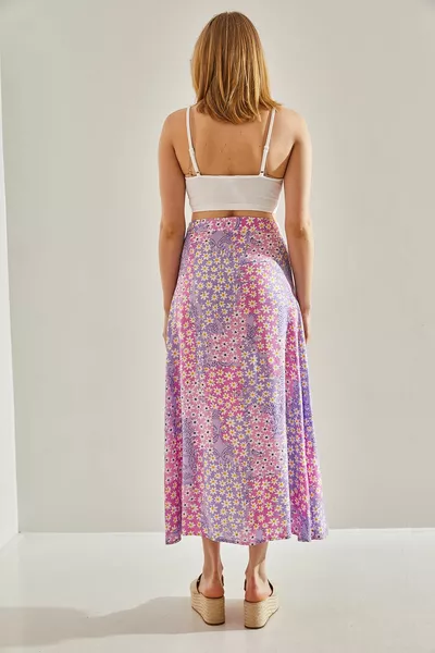 Women's Lilac Side Hidden Zipper Floral Skirt with Slits 