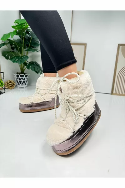 عارضة المرأة البيج أحذية الثلج الفراء الدانتيل المتابعة الأم ابنة مريحة اصطف نعل سميك 