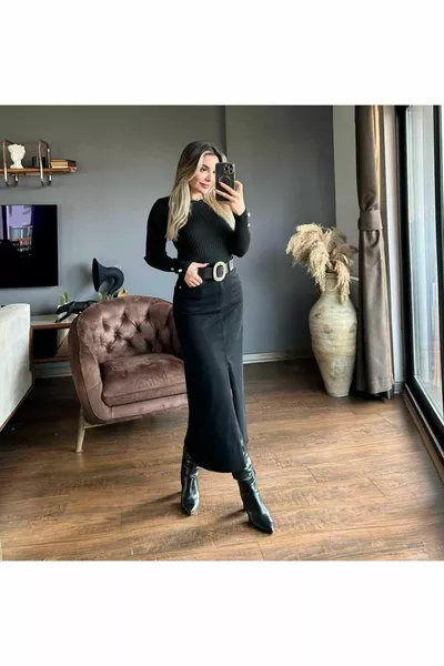 Zr نموذج شق تنورة الدنيم الأسود مفصلة