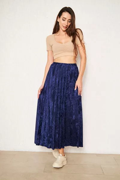 Marineblauw gevoerde fluwelen lange rok, fluwelen rok, gevoerde rok, lange rok