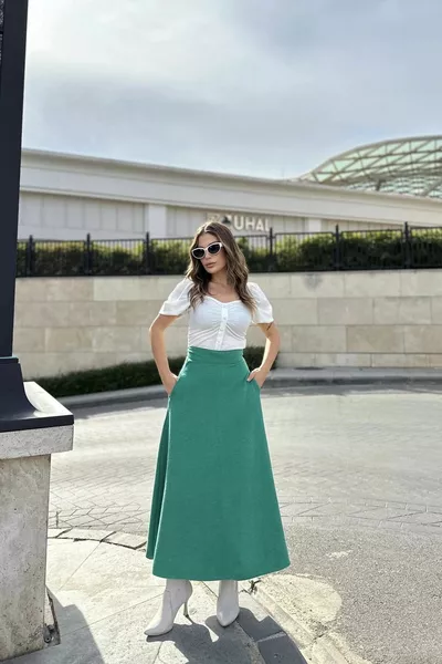 Women's Green High Waist, Pockets, Long, Ribbed Stamp Fabric, Maxi Kiloş Skirt (NARROW MOLD)