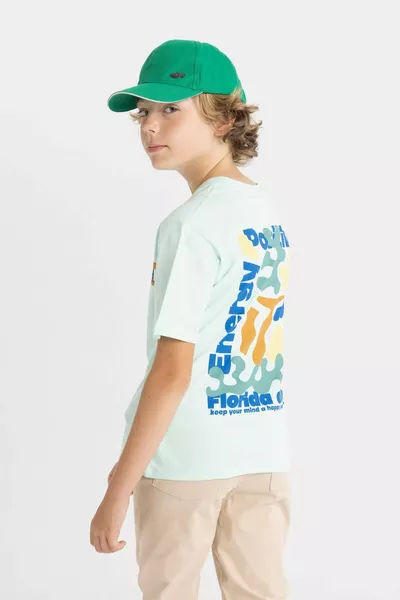 تي شيرت قصير الأكمام بطبعة وياقة على شكل دراجة للصبيان HS