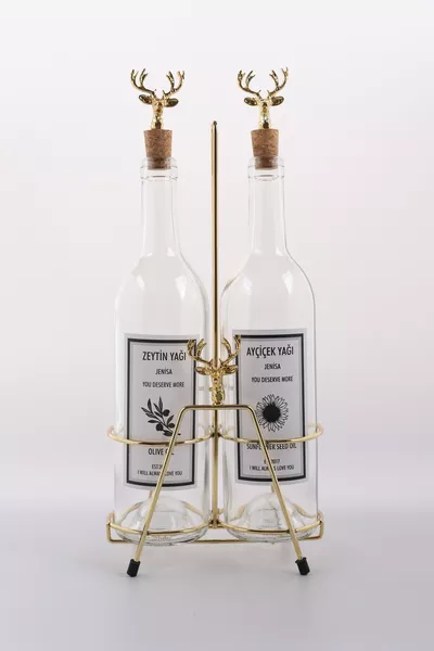 Gold Deer Accessorized Oil Bottle with Gold Stand, Deer Cork, Transparent Bottle