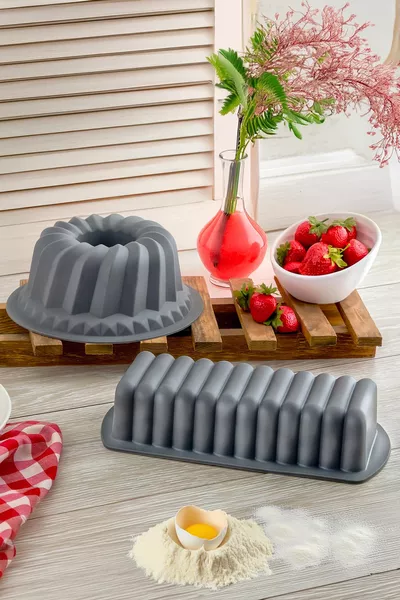 Комплект от 2 части антрацитени силиконови форми за кекс, правоъгълна форма за кекс - овална форма за кекс