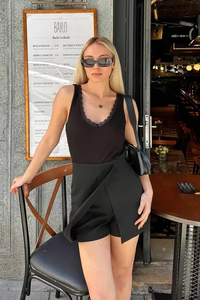 أسود مزدوج الصدر عالية الخصر المرأة السراويل تنورة صغيرة