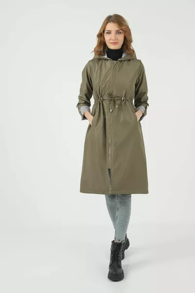 Women's Gathered Water-Repellent Khaki Hooded Loose Trench Coat
