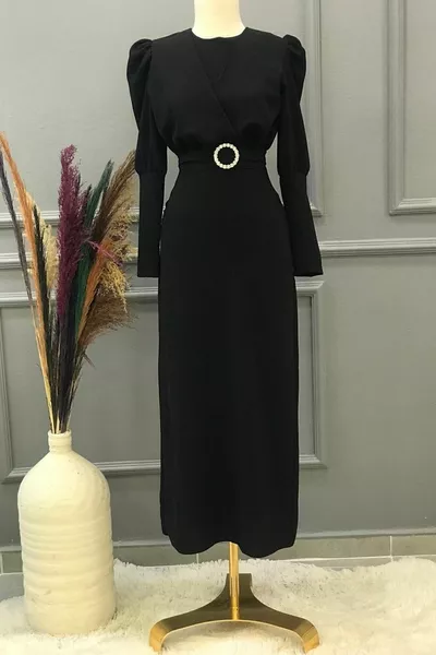 Front Cross Detail Balloon Sleeve Pencil -zwart