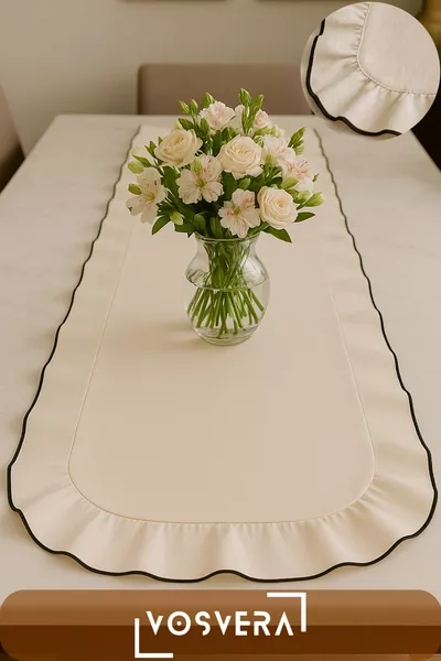 Natural Cotton Linen Ruffle Vintage Frilled Runner with Curved Detail and Braid  x  cm