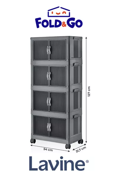 Lavine Fold&go 4'lü Portatif Organizer Tekerlekli Dolap Çok Amaçlı Kapaklı Katlanır ”antrasit”