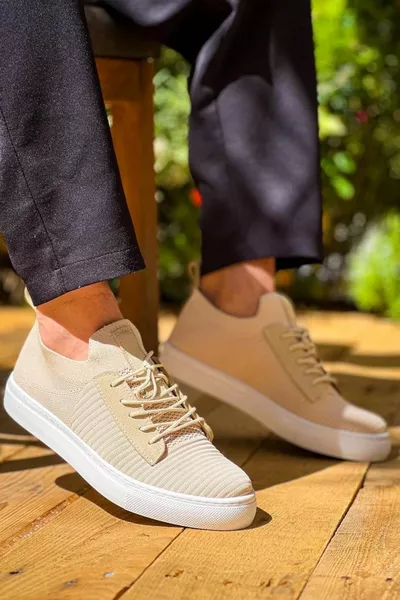  Kuback Beige Strickwaren Hohe Sohle Schnürung Casual Herrenschuhe