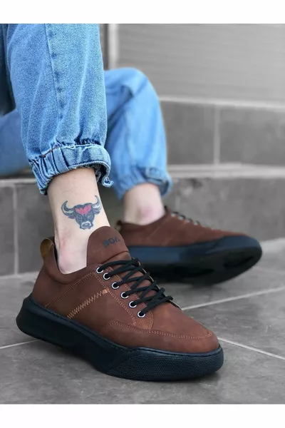 Tan sneakers met veters voor heren met hoge zool