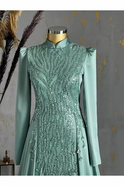 Tailed Drop Hijab Abendkleid Mint