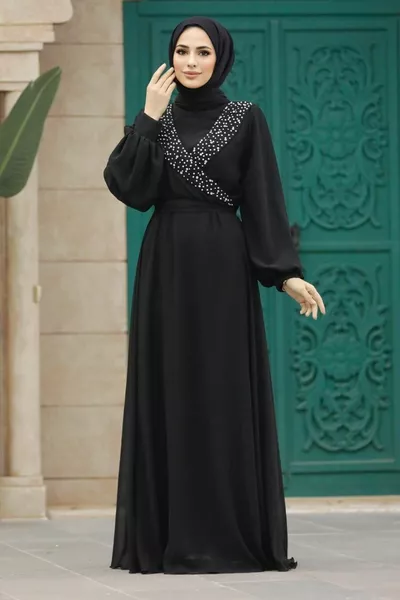 Hijab-Abendkleid - Schwarzes Hijab-Abendkleid mit Perlendetail S