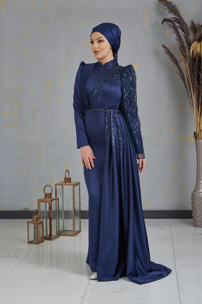 Вечерна рокля с ръкав от мъниста Efila Hijab Тъмносиня