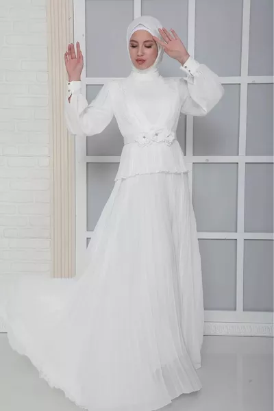 فستان سهرة محجب بطيات بكتف وحزام -White