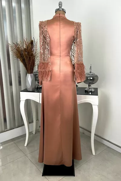 Beaded Tulle Fleece Detailed Satin Sea Evening Dress - Onion Peel