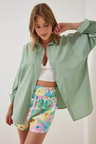 Дамска лека каскадна зелена оверсайз дълга основна риза 