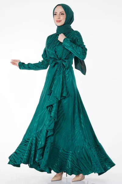 Gerades Abendkleid mit Rundhalsausschnitt für Damen mit grünem Blatt - 