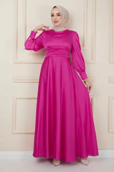 Abito da sera con cintura e dettaglio plissettato in vita FUCHSIA 