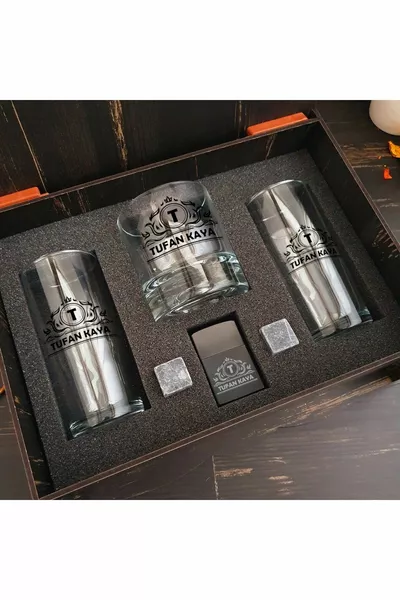 Personalized Gift Set. 2 li raki glasses, whiskey glasses, lighter and whiskey stone